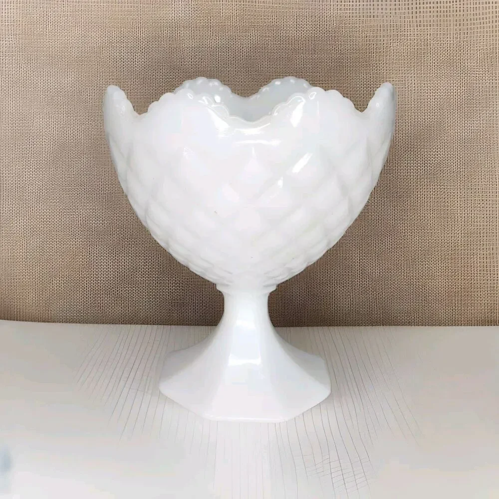 Vintage Napco Milk Glass Diamond Quilt Pedestal Compote w/ Scalloped Edge 1184